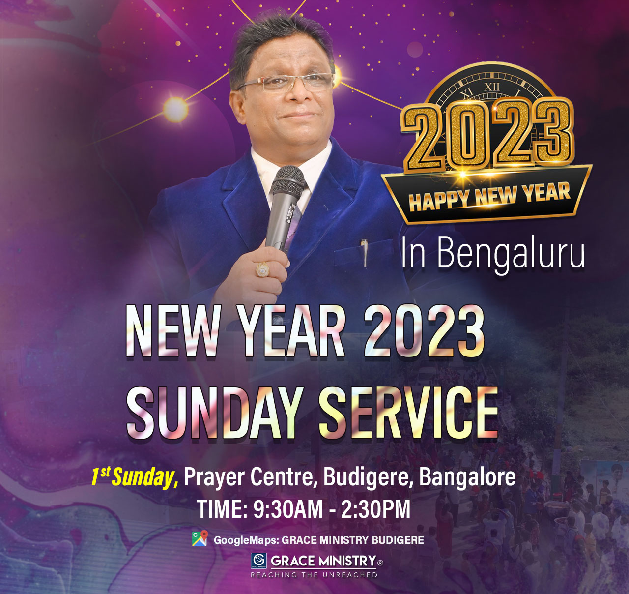 Join the New Year 2023 Blessing Prayer Service in Bangalore by Grace Ministry held on the 1st of Jan, Sunday from 9:30am to 2:30pm at Prayer centre Budigere, Bangalore. Come and be a great blessing and know the promise verse for the year 2023 by the Lord's Servant Bro Andrew Richard.